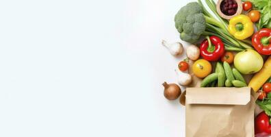 ai generiert gesund Essen im Papier Tasche Gemüse und Früchte auf Weiß Hintergrund. ai generiert foto