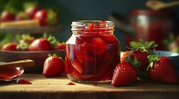 ai generiert Erdbeere Marmelade und frisch Beeren. generativ ai foto