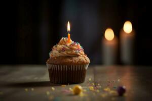 ai generiert Geburtstag cremig Cupcake mit Blitz Kerze. generieren ai foto