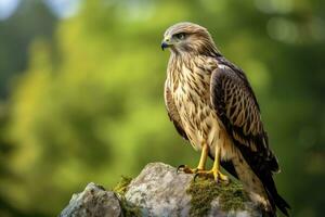 ai generiert Falke Sitzung auf Felsen suchen zum Beute. ai generiert foto