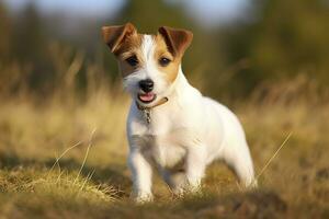 ai generiert glücklich Jack Russell Terrier Haustier Hund warten, Hören im das Gras. ai generiert foto