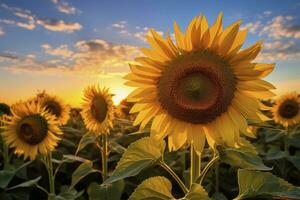 ai generiert Sonnenblumen drehen zu das Sonne im das Sanft Morgen Licht. ai generiert foto