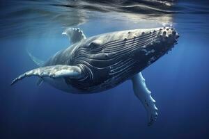 ai generiert jung Buckel Wal im Blau Wasser. ai generiert foto