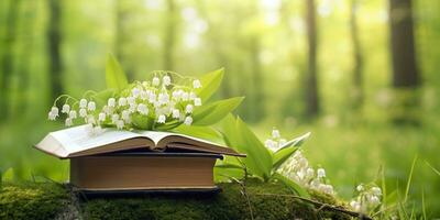 ai generiert Lilie von das Senke Blumen und alt Bücher im das Wald, Grün natürlich Hintergrund. ai generiert foto