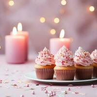 ai generiert Geburtstag Party Rosa und Gold Komposition, Cupcakes, Luftballons, Konfetti, Banner Konzept Geschenkkarte, Kopieren Raum, Rosa Bokeh Hintergrund foto