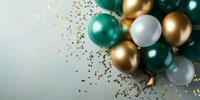 ai generiert Geburtstag Party Banner Grün und Gold Komposition mit Luftballons, Konfetti, Konzept Geschenkkarte, Kopieren Raum, Weiß Hintergrund foto