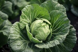 ai generiert Kohl wachsend im ein städtisch Garten. Kohl Blätter und Kopf schließen hoch. generativ ai foto