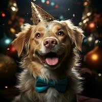 ai generiert glücklich Hund tragen ein Party Hut, feiern beim ein Geburtstag Party. generativ ai foto