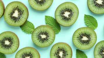 ai generiert Scheiben von Kiwi Obst und Grün Minze Blätter auf ein Licht Pastell- Blau Hintergrund. ai generiert foto