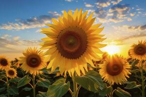 ai generiert Sonnenblumen drehen zu das Sonne im das Sanft Morgen Licht. ai generiert foto