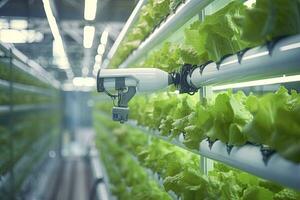 ai generiert automatisch landwirtschaftlich Technologie mit Nahansicht Aussicht von Roboter Arm Ernte Grüner Salat im Vertikale hydroponisch Pflanze. ai generiert foto