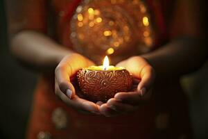 ai generiert schön Hände halten Diwali Lampen traditionell. ai generiert. foto