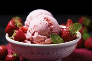 ai generiert Erdbeere Eis Sahne mit frisch Erdbeeren. ai generiert foto