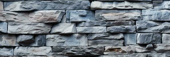 ai generiert grau Grunge Panorama- Textur von Stein Mauer. abstrakt Stein Hintergrund mit Ziegel. natürlich Granit grau Felsen Oberfläche, Kopieren Raum foto