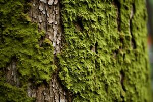 ai generiert moosbedeckt Baum Rinde mit ein reich, organisch Textur. Textur, Hintergrund, Muster foto