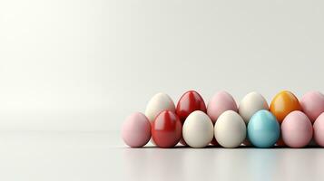 ai generiert minimalistisch Banner Konzept mit farbig Ostern Eier auf Weiß Hintergrund. Attrappe, Lehrmodell, Simulation zum Glückwunsch. Kopieren Raum, eben legen foto