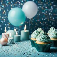 ai generiert Geburtstag Party Blau und Gold Komposition, Cupcakes, Luftballons, Konfetti, Banner Konzept Geschenkkarte, Kopieren Raum, Textur Hintergrund foto