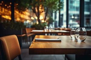 ai generiert elegant minimalistisch Tabelle Rahmen im gehoben Restaurant mit Sanft Bokeh Hintergrund foto