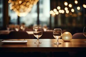 ai generiert elegant minimalistisch Tabelle Rahmen im gehoben Restaurant mit Sanft Bokeh Hintergrund foto