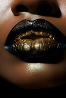 ai generiert schwarz Frauen Lippen mit Gold funkeln Farbe Lippenstift schließen oben Makro Detail, Schönheit Schuss foto