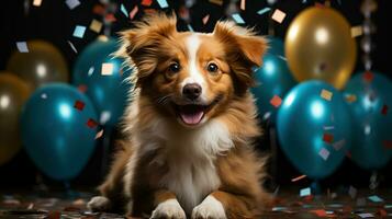 ai generiert glücklich Hund tragen ein Party Hut, feiern beim ein Geburtstag Party. generativ ai foto