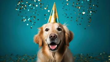 ai generiert glücklich Hund tragen ein Party Hut, feiern beim ein Geburtstag Party. generativ ai foto