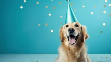 ai generiert glücklich Hund tragen ein Party Hut, feiern beim ein Geburtstag Party. generativ ai foto