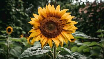 ai generiert ein beschwingt Gelb Sonnenblume steht hoch im das Sommer- Wiese generiert durch ai foto