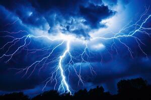 ai generiert Blitz Streik Über dunkel stürmisch Himmel, Natur abstrakt Hintergrund. foto