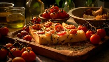 ai generiert frisch Gourmet Tomate Vorspeise auf hölzern Tisch, ein gesund Snack generiert durch ai foto