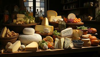 ai generiert Vielfalt von Gourmet Französisch Käse auf hölzern Regal, frisch und gesund generiert durch ai foto