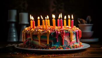 ai generiert Geburtstag Feier mit ein multi farbig Geburtstag Kuchen und Verbrennung Kerzen generiert durch ai foto