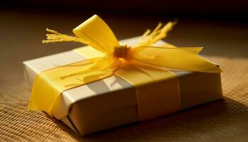 ai generiert Gelb Geschenk Box eingewickelt im Gold farbig Verpackung Papier Nein Menschen generiert durch ai foto