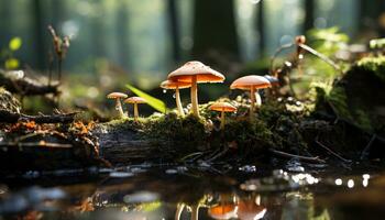 ai generiert Herbst Wald, schließen oben Grün Blatt, Gelb Pilz Wachstum generiert durch ai foto