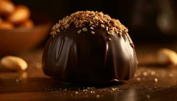 ai generiert nachsichtig Gourmet Dessert dunkel Schokolade Trüffel auf rustikal hölzern Tabelle generiert durch ai foto