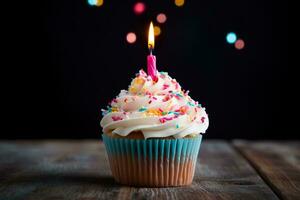ai generiert ein köstlich Geburtstag Cupcake und Kerze Licht. generativ ai. foto