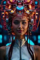 ai generiert weiblich Cyborg mit Mechanismen und Drähte im Kopf, Digital technologisch wie ein Hintergrund foto