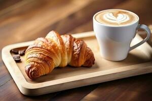 ai generiert ein Croissant mit Kaffee und Kaffee ist auf ein Tabelle foto