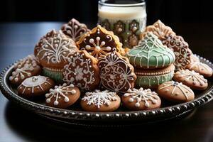 ai generiert schließen oben Schuss von Weihnachten Kekse vereinbart worden im ein Kranz Muster präsentieren ein zentral Lebkuchen Haus Plätzchen, fröhlich Weihnachten Bilder foto