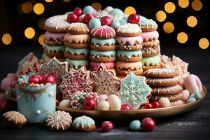 ai generiert Sortiment von Weihnachten Kekse Rahmung Lebkuchen Haus, Weihnachten Hintergrund foto