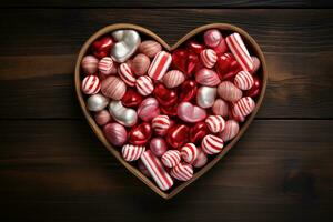 ai generiert Overhead Schuss von Süßigkeiten Stöcke Erstellen ein Herz Form, Weihnachten Hintergrund foto