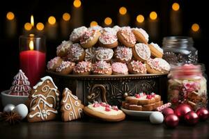 ai generiert schließen oben Szene von ein Lebkuchen Haus Kernstück geschmückt mit ein Vielfalt von Weihnachten Kekse und Süßigkeiten, Weihnachten Bilder foto