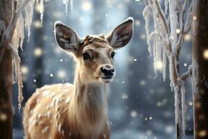 ai generiert strahlend Rentier gerahmt durch hängend Eiszapfen und glitzernd Schneeflocken, Weihnachten Bild foto