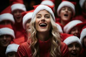 ai generiert Frau Santa claus leitet ein froh Chor Füllung das schneebedeckt Stadt, Dorf Platz mit festlich Melodien, Weihnachten Bilder foto