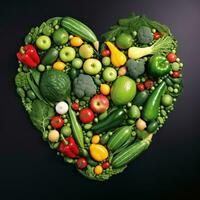 ai generiert Herz gestalten von Gemüse und Früchte, im das Stil von dunkel Grün foto