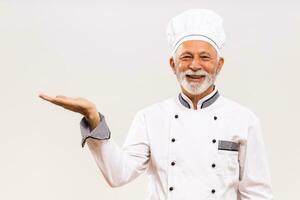 Porträt von Senior Koch zeigen Palme von Hand auf grau Hintergrund. foto