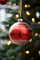 ai generiert ein schön Nahansicht von ein traditionell Weihnachten Ornament hängend auf ein Baum Ast foto