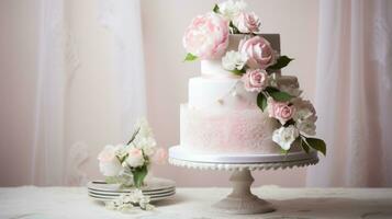 ai generiert ein Vintage-inspiriert Hochzeit Kuchen mit Spitze Einzelheiten und Rosa Blumen, einstellen gegen ein Sanft Pastell- Hintergrund. foto