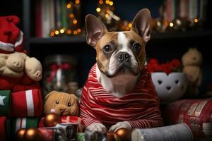 ai generiert festlich Leckereien und Spielzeuge Haustier genehmigt Strümpfe zum das Feiertage, Weihnachten Hintergrund foto