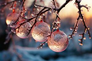 ai generiert zart Ornamente reflektieren Morgen Sonne auf Zweig, Weihnachten Hintergrund foto